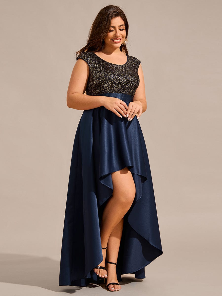 Plus Size Sequin Round Neckline High-Low Satin Formal Evening Dress #color_Navy Blue