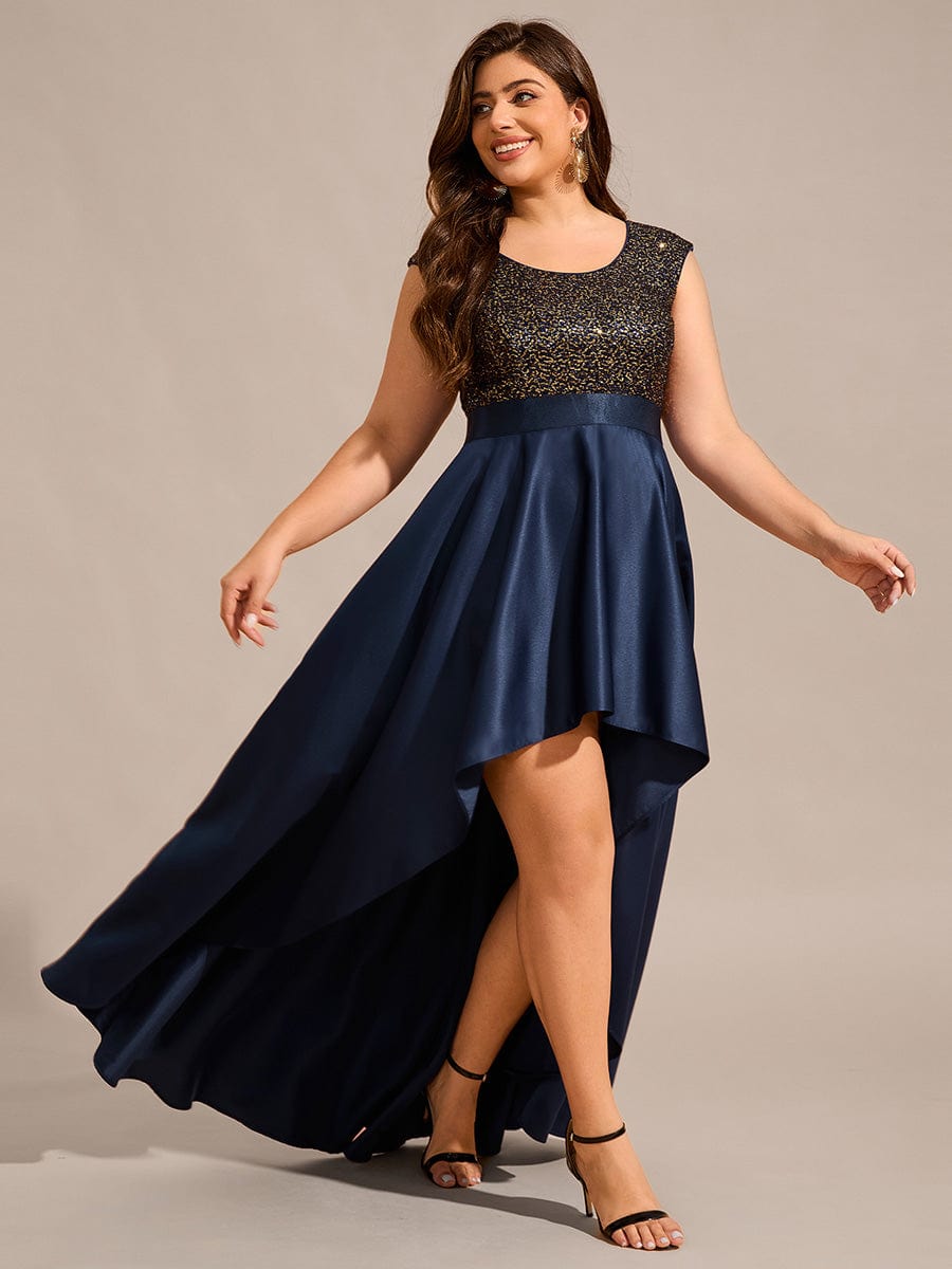 Plus Size Sequin Round Neckline High-Low Satin Formal Evening Dress #color_Navy Blue