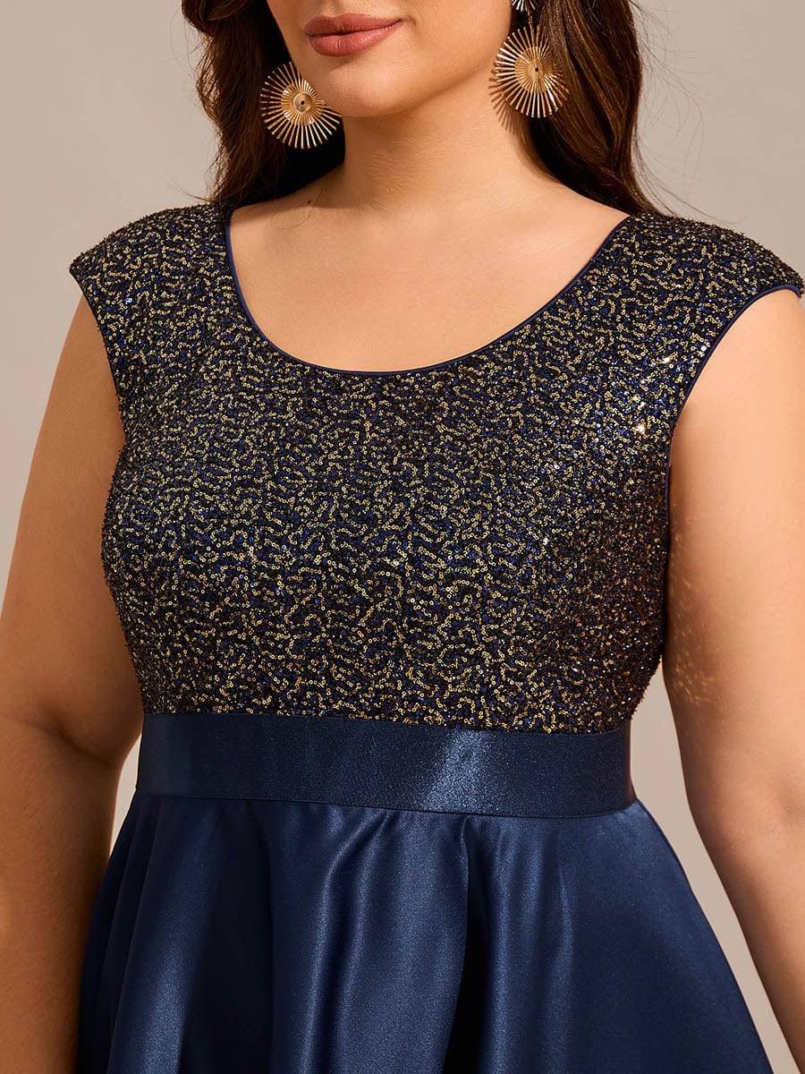 Plus Size Sequin Round Neckline High-Low Satin Formal Evening Dress #color_Navy Blue