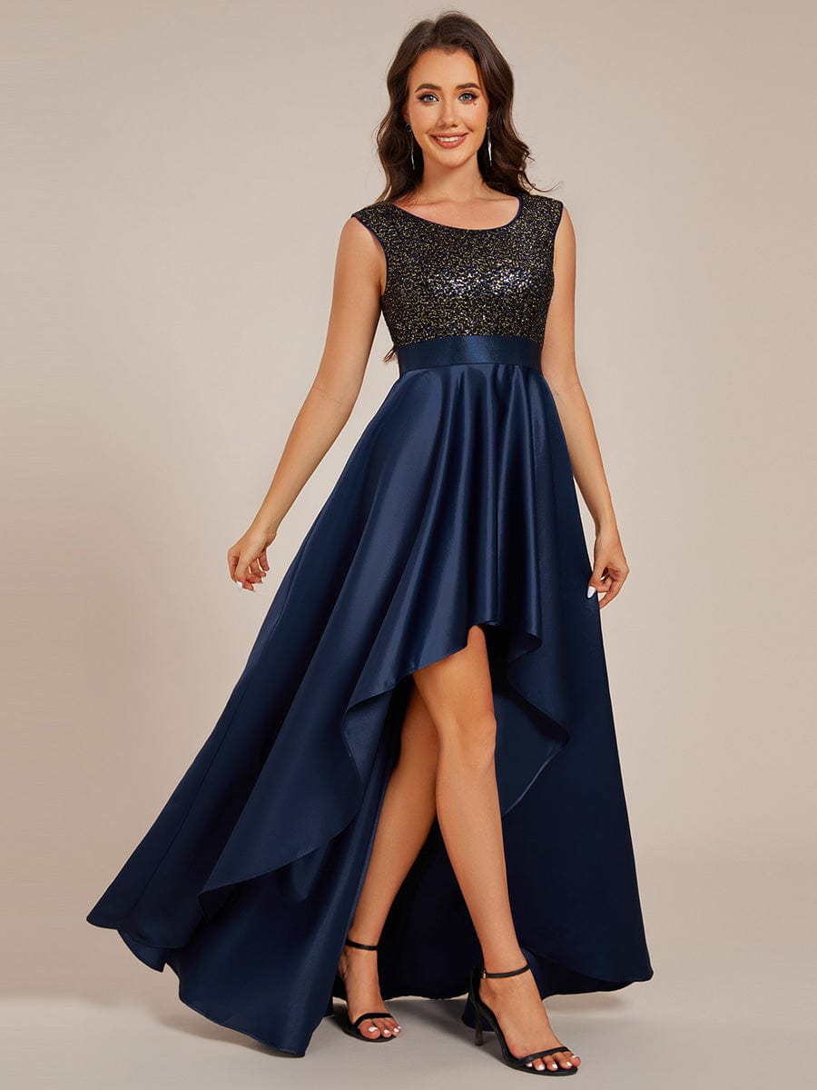 Sleeveless Sequin Top High-Low Formal Evening Dress with Satin #color_Navy Blue