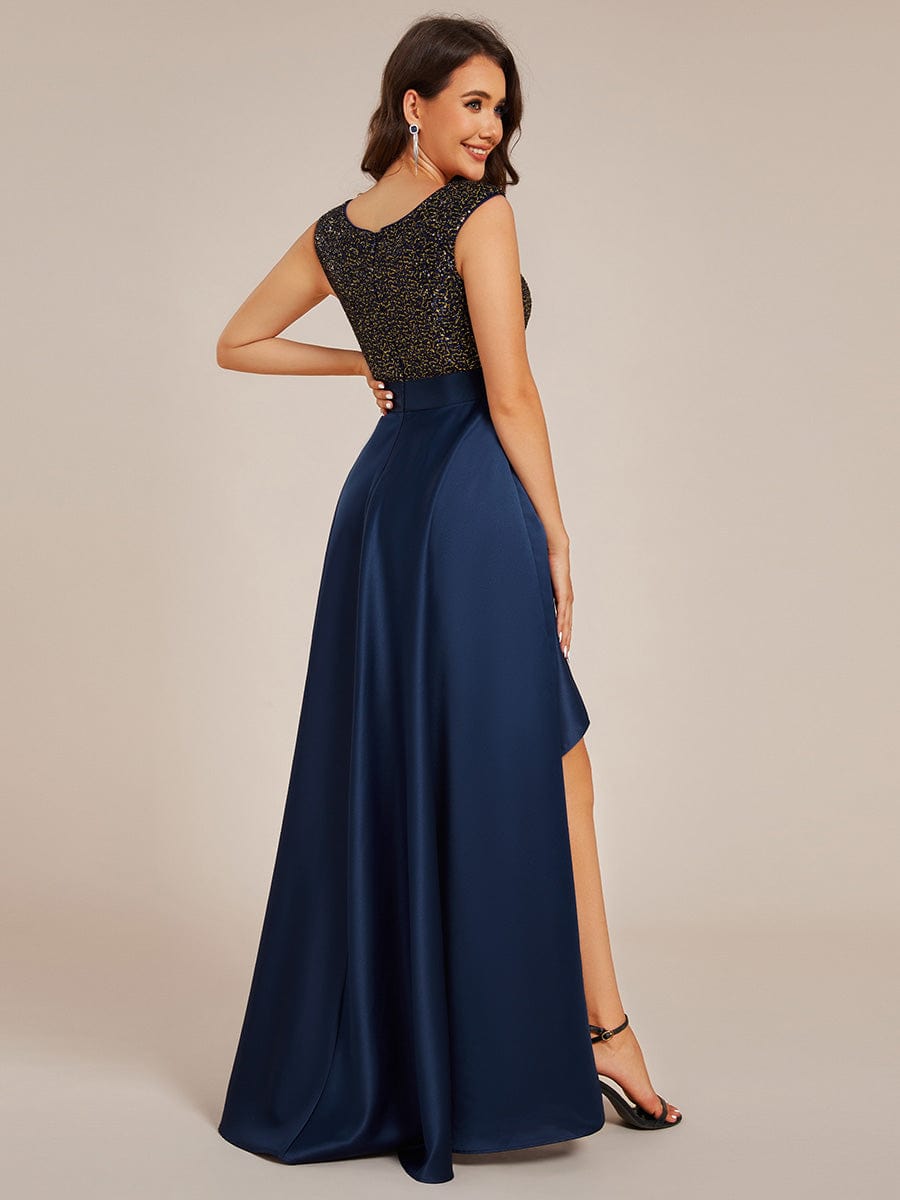 Sleeveless Sequin Top High-Low Formal Evening Dress with Satin #color_Navy Blue