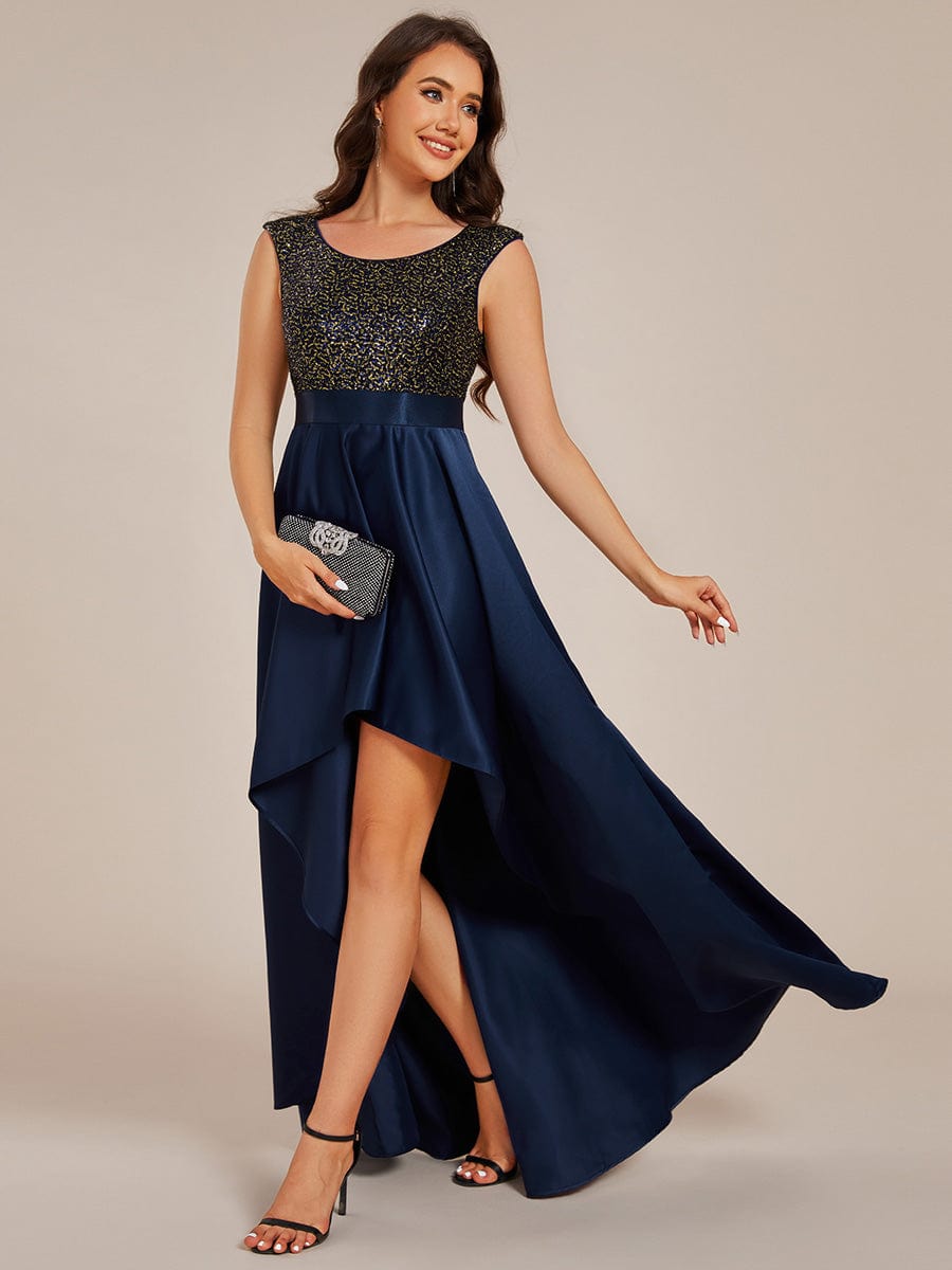 Sleeveless Sequin Top High-Low Formal Evening Dress with Satin #color_Navy Blue