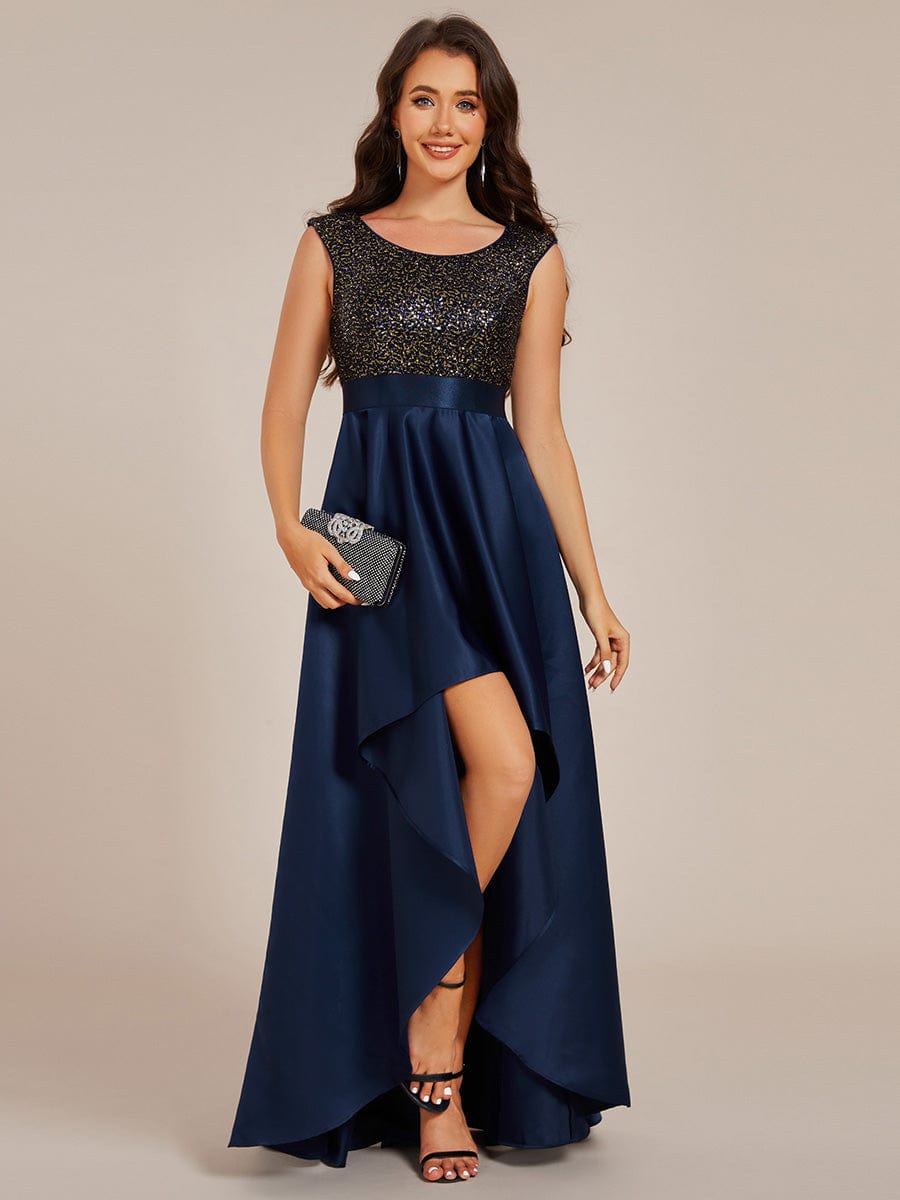 Sleeveless Sequin Top High-Low Formal Evening Dress with Satin #color_Navy Blue