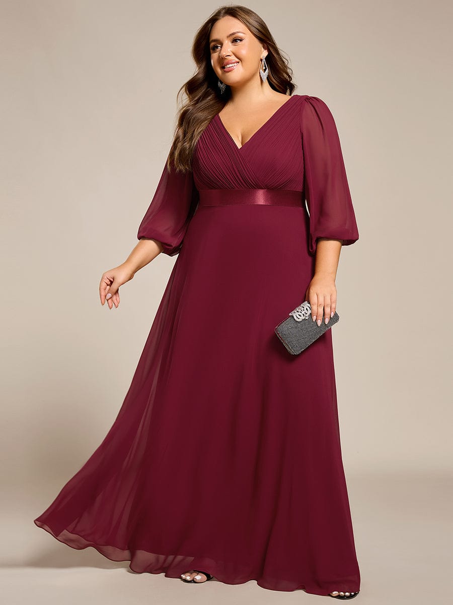 Plus Size Empire Waist Pleated Chiffon Long Sleeves Formal Evening Dress #color_Burgundy