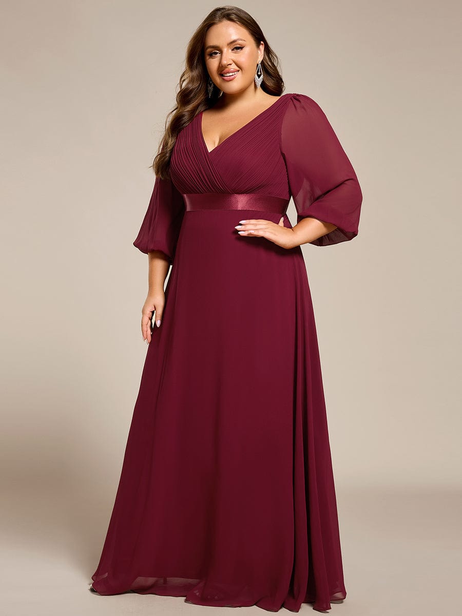 Plus Size Empire Waist Pleated Chiffon Long Sleeves Formal Evening Dress #color_Burgundy