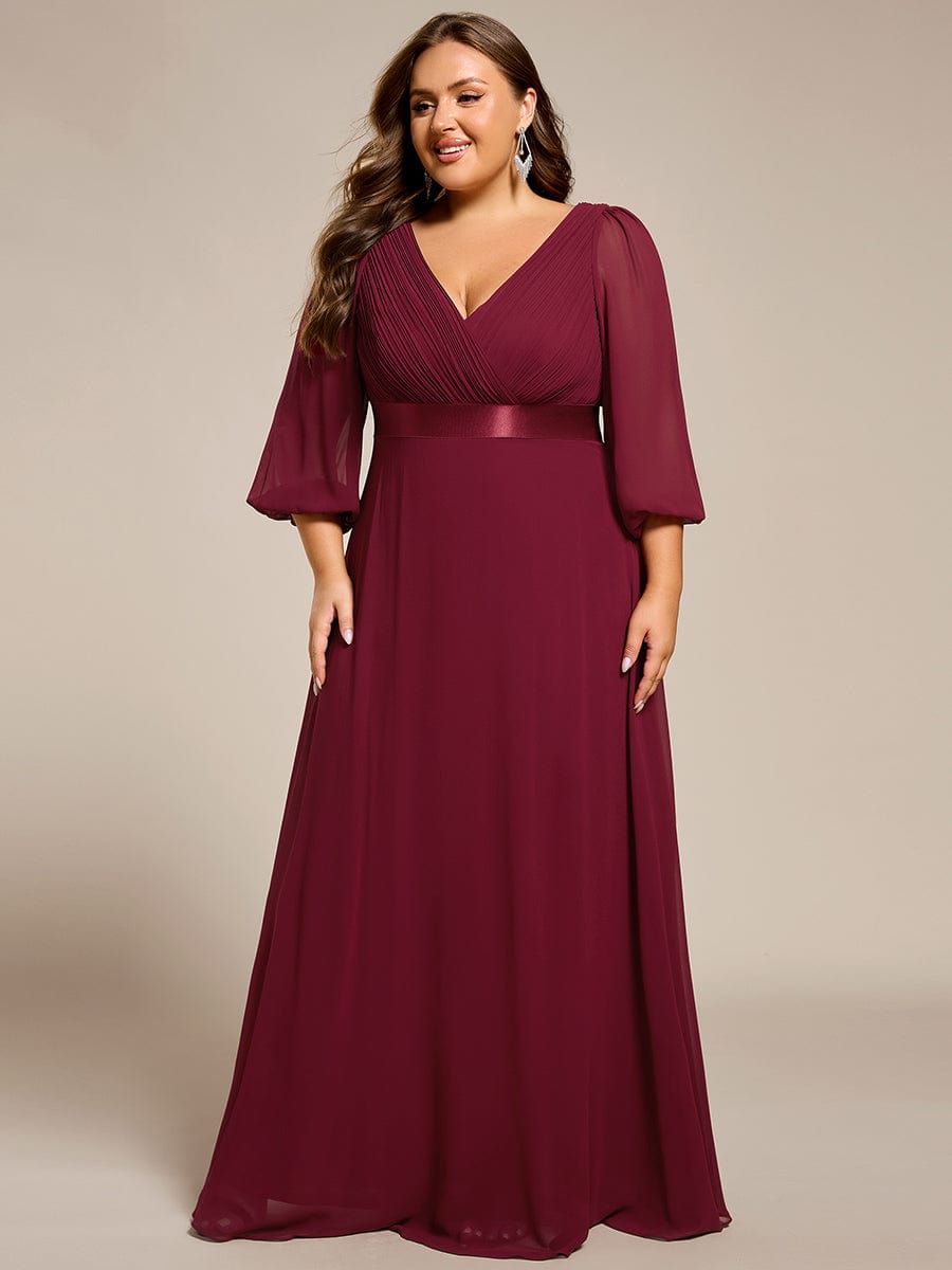 Plus Size Empire Waist Pleated Chiffon Long Sleeves Formal Evening Dress #color_Burgundy