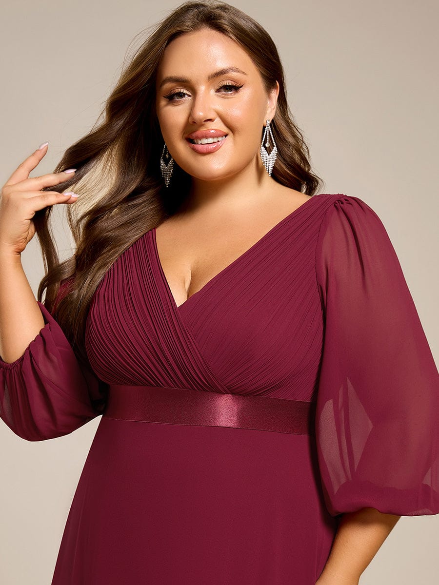 Plus Size Empire Waist Pleated Chiffon Long Sleeves Formal Evening Dress #color_Burgundy