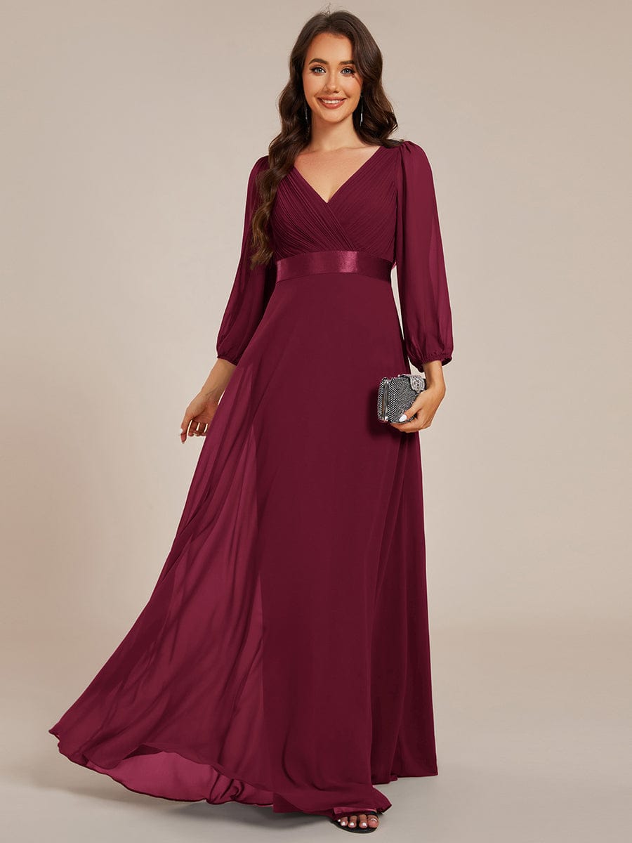 Long Sleeves Chiffon Empire Waist A-Line Maxi Formal Evening Dress #color_Burgundy