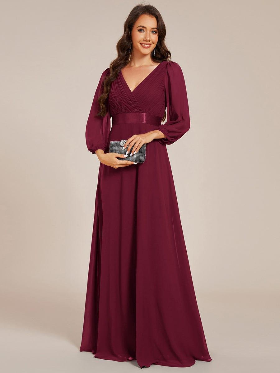 Long Sleeves Chiffon Empire Waist A-Line Maxi Formal Evening Dress #color_Burgundy