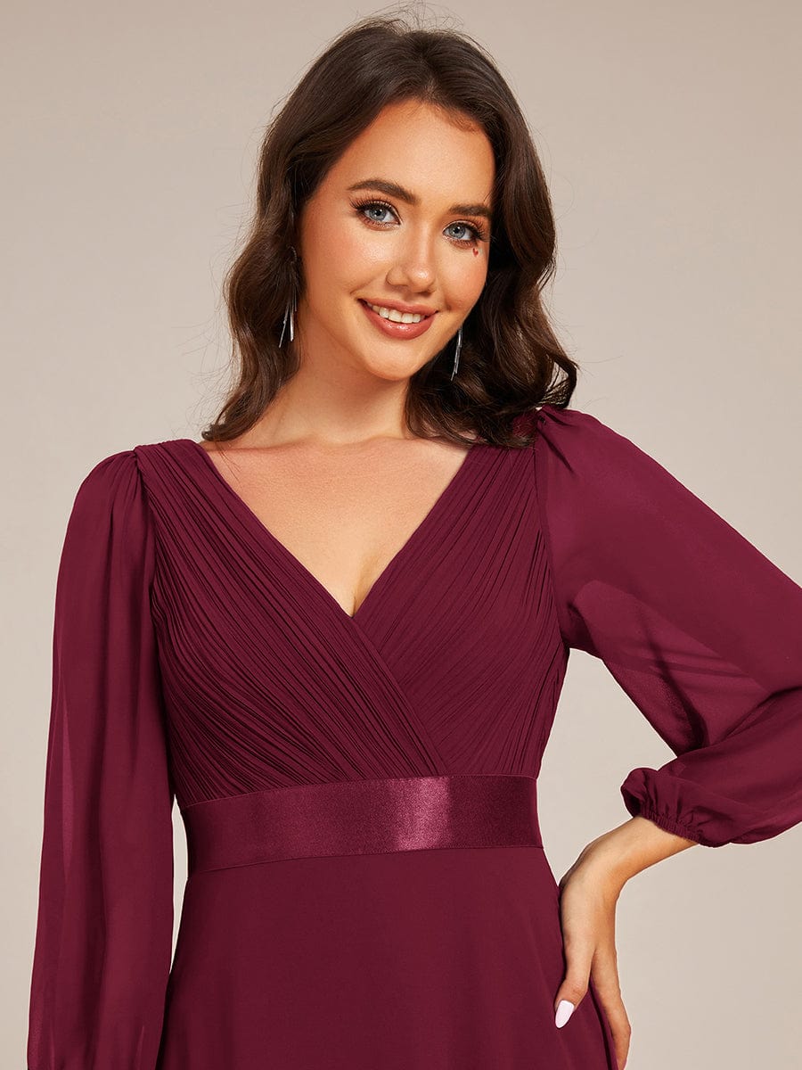 Long Sleeves Chiffon Empire Waist A-Line Maxi Formal Evening Dress #color_Burgundy