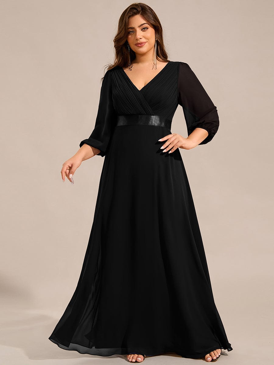 Long Sleeves Chiffon Empire Waist A-Line Maxi Formal Evening Dress #color_Black