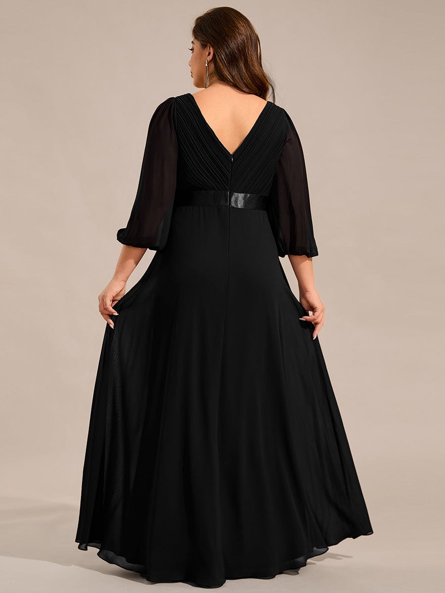 Long Sleeves Chiffon Empire Waist A-Line Maxi Formal Evening Dress #color_Black