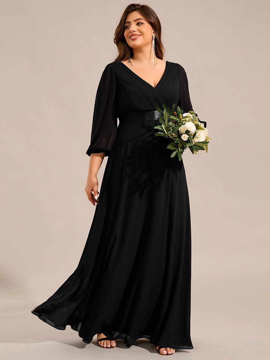 Long Sleeves Chiffon Empire Waist A-Line Maxi Formal Evening Dress #color_Black