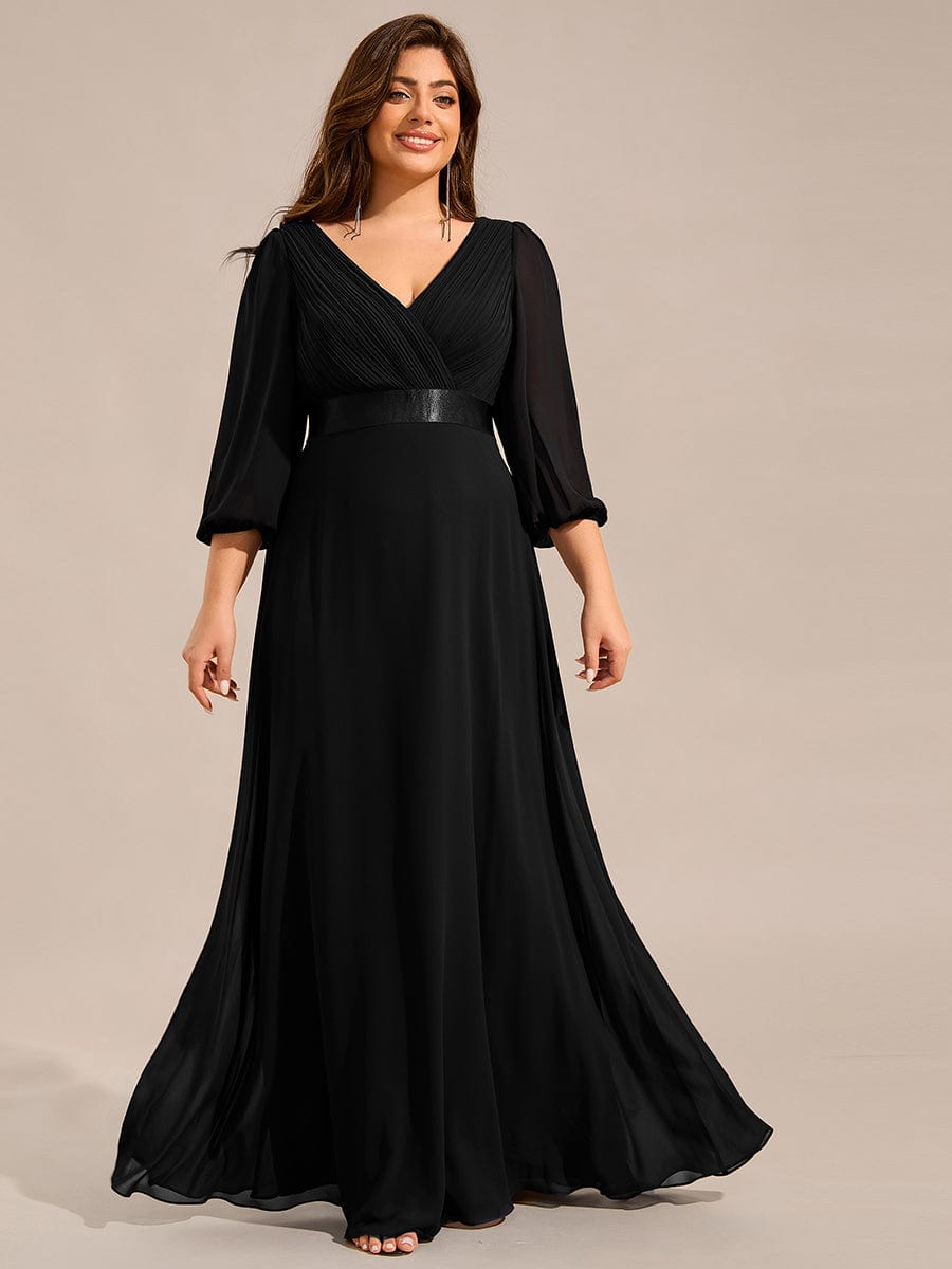 Long Sleeves Chiffon Empire Waist A-Line Maxi Formal Evening Dress #color_Black