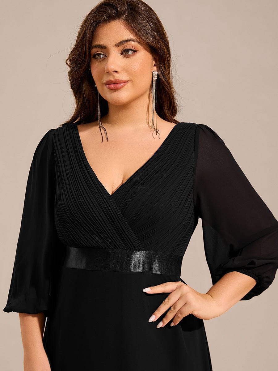 Plus Size Empire Waist Pleated Chiffon Long Sleeves Formal Evening Dress #color_Black