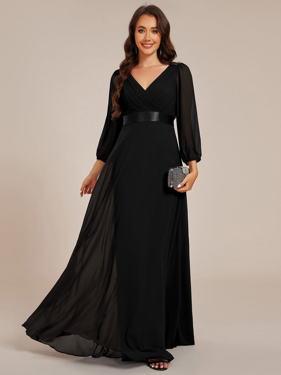 Long Sleeves Chiffon Empire Waist A-Line Maxi Formal Evening Dress #color_Black