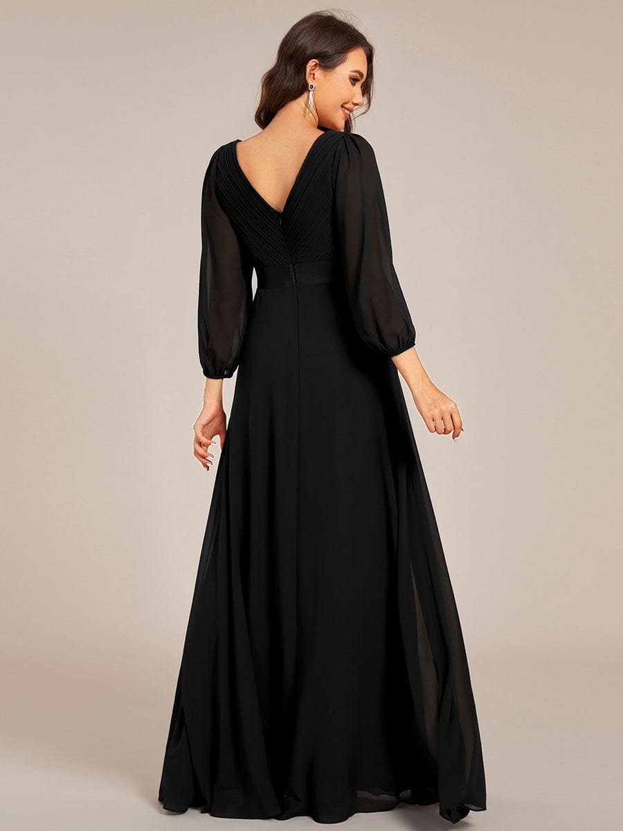 Long Sleeves Chiffon Empire Waist A-Line Maxi Formal Evening Dress #color_Black