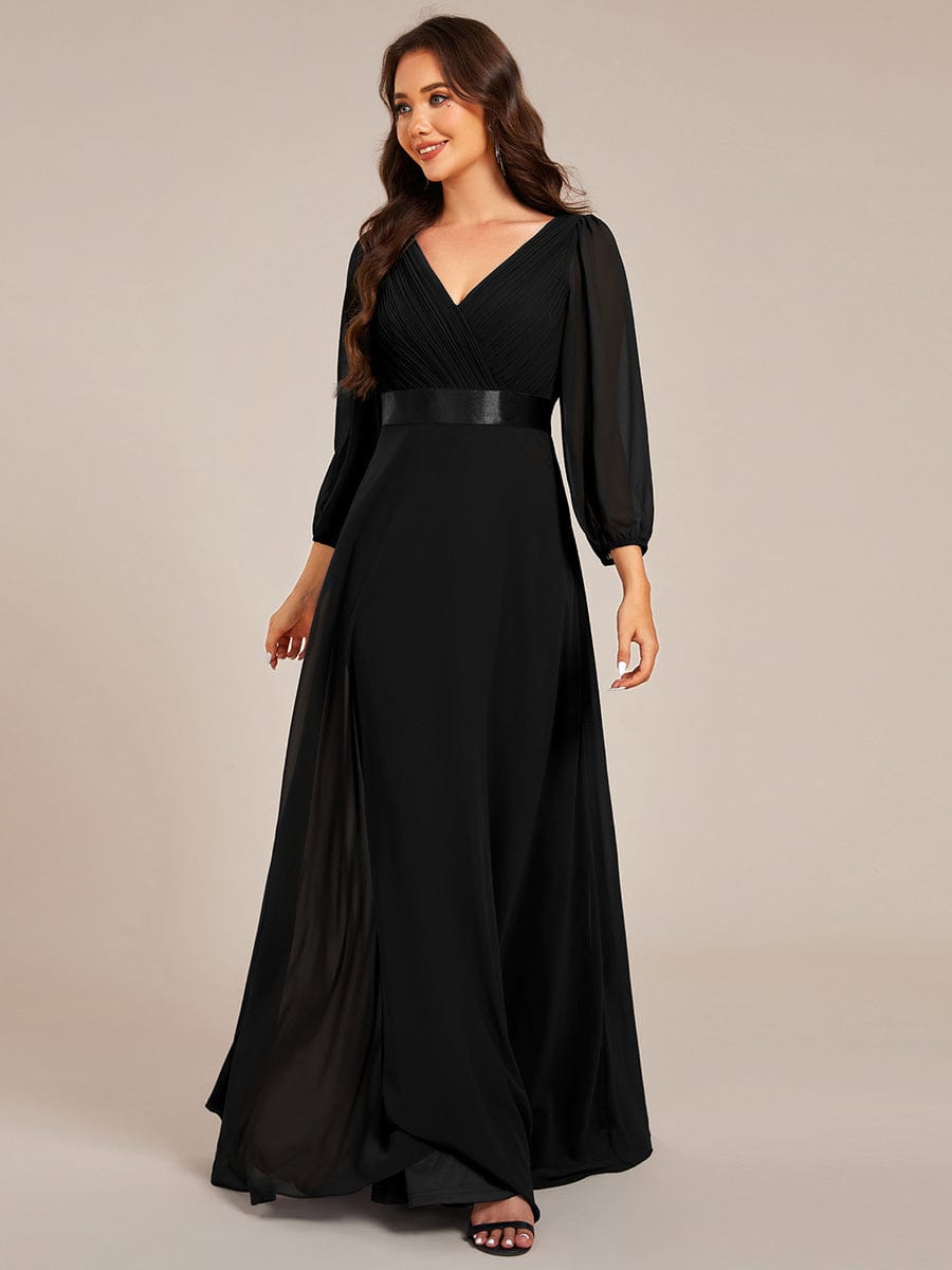 Long Sleeves Chiffon Empire Waist A-Line Maxi Formal Evening Dress #color_Black