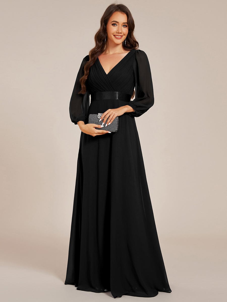 Long Sleeves Chiffon Empire Waist A-Line Maxi Formal Evening Dress #color_Black