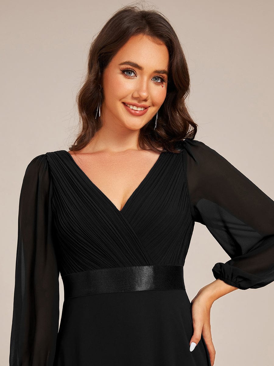 Long Sleeves Chiffon Empire Waist A-Line Maxi Formal Evening Dress #color_Black