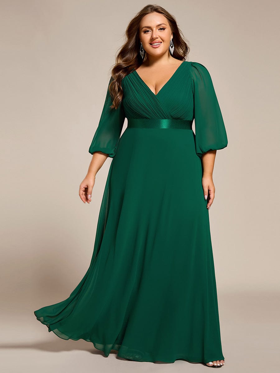 Long Sleeves Chiffon Empire Waist A-Line Maxi Formal Evening Dress #color_Dark Green