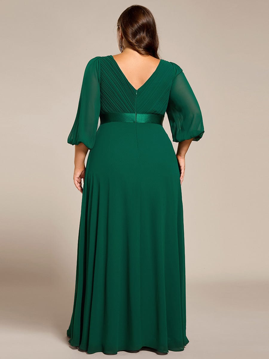 Long Sleeves Chiffon Empire Waist A-Line Maxi Formal Evening Dress #color_Dark Green