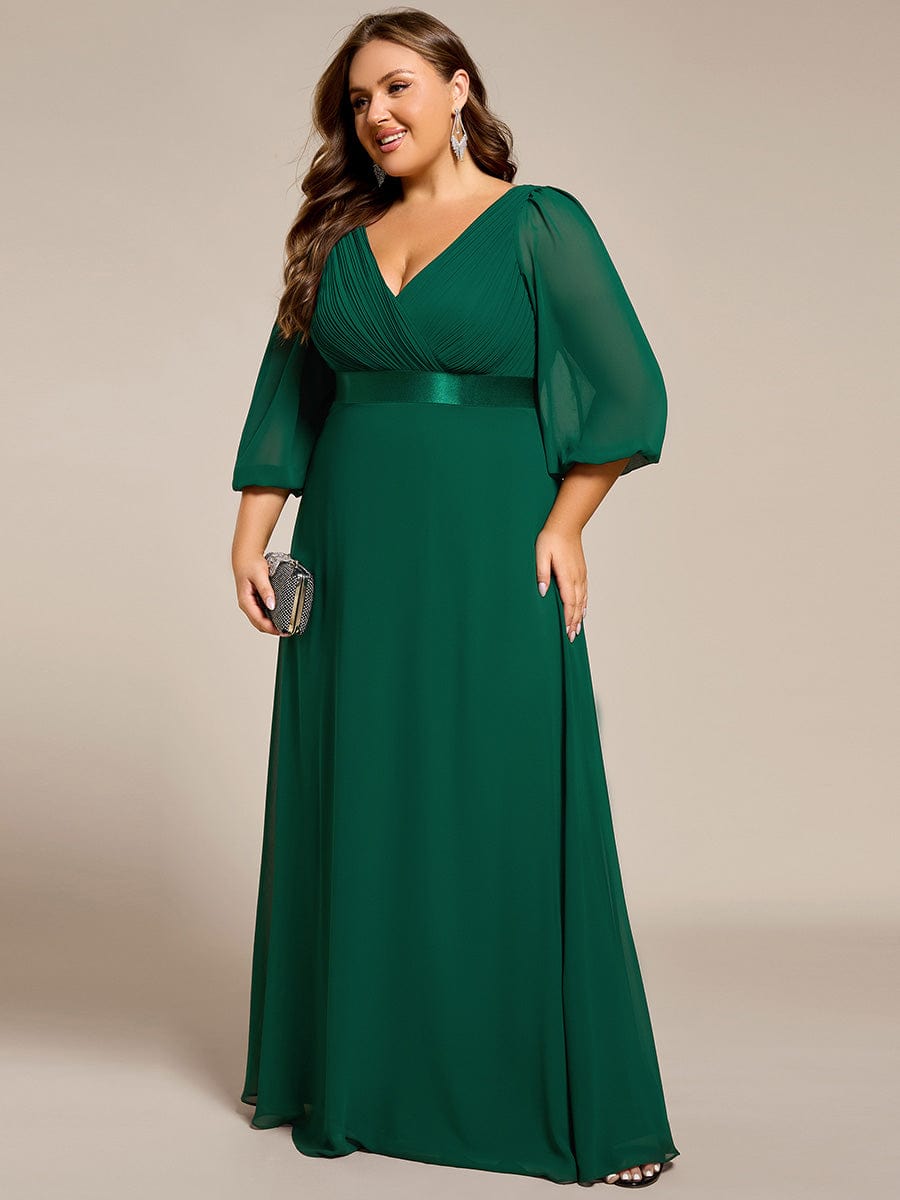 Long Sleeves Chiffon Empire Waist A-Line Maxi Formal Evening Dress #color_Dark Green