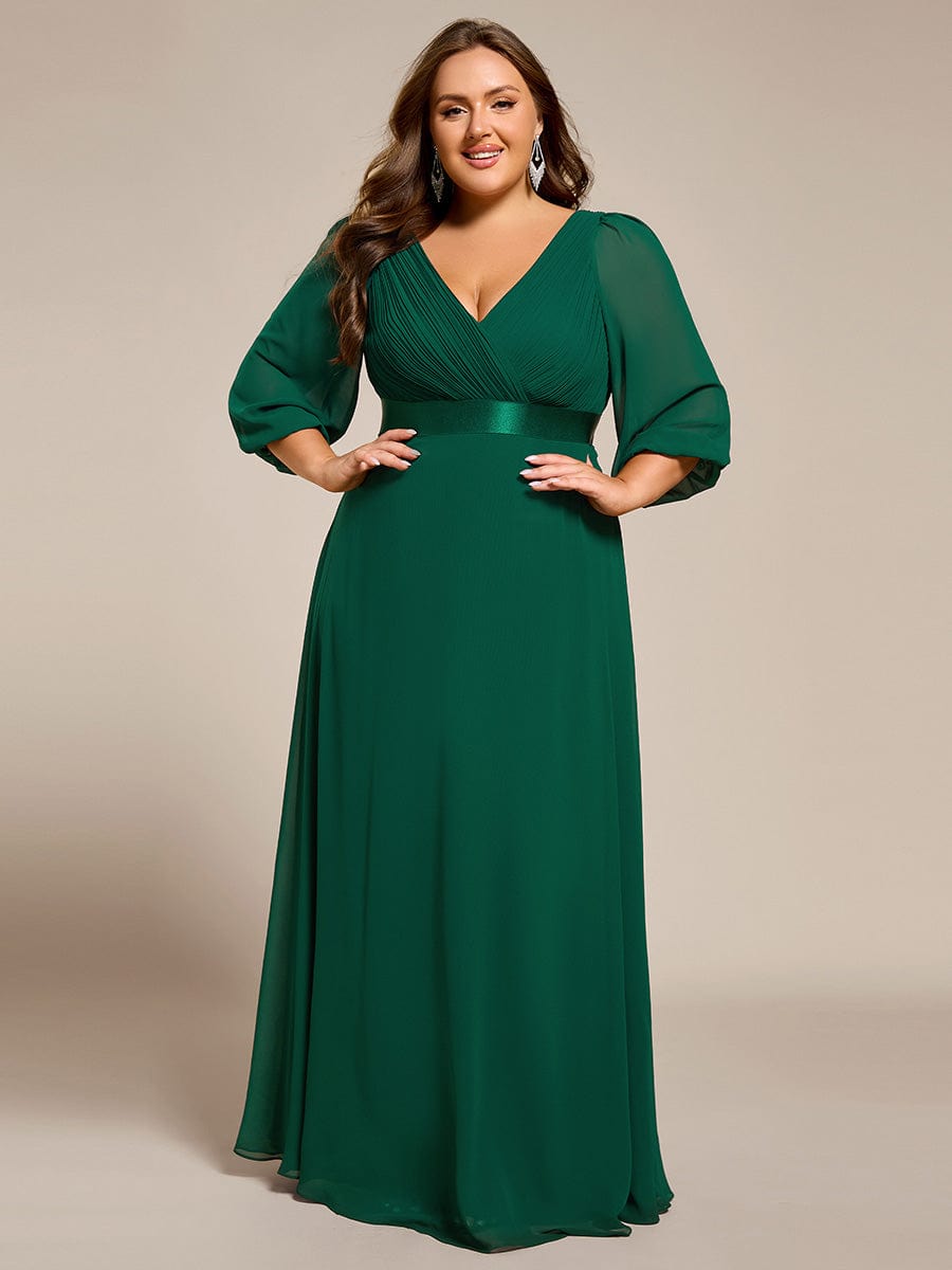 Long Sleeves Chiffon Empire Waist A-Line Maxi Formal Evening Dress #color_Dark Green