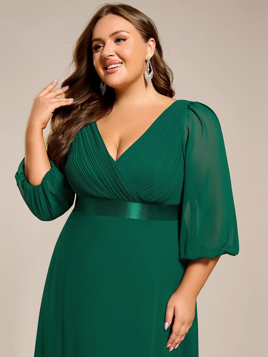 Long Sleeves Chiffon Empire Waist A-Line Maxi Formal Evening Dress #color_Dark Green