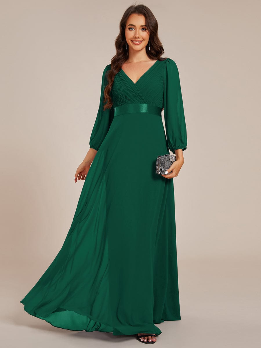 Long Sleeves Chiffon Empire Waist A-Line Maxi Formal Evening Dress #color_Dark Green