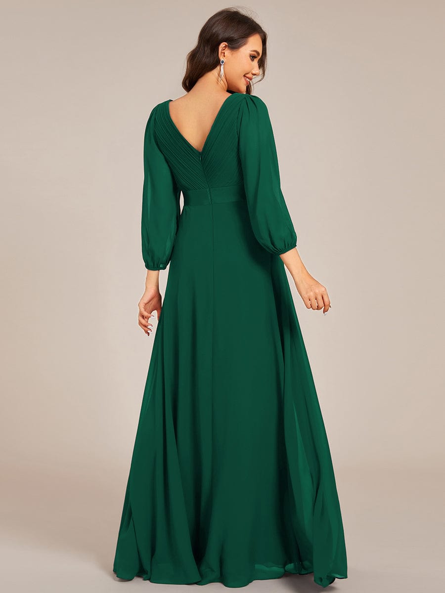 Long Sleeves Chiffon Empire Waist A-Line Maxi Formal Evening Dress #color_Dark Green