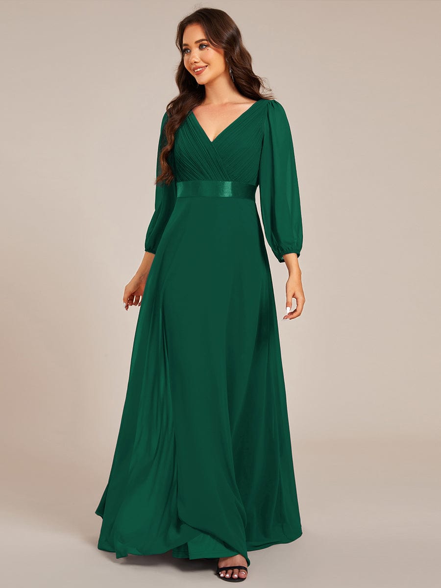 Long Sleeves Chiffon Empire Waist A-Line Maxi Formal Evening Dress #color_Dark Green