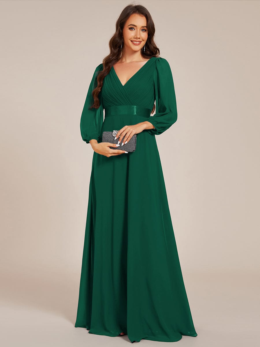 Long Sleeves Chiffon Empire Waist A-Line Maxi Formal Evening Dress #color_Dark Green