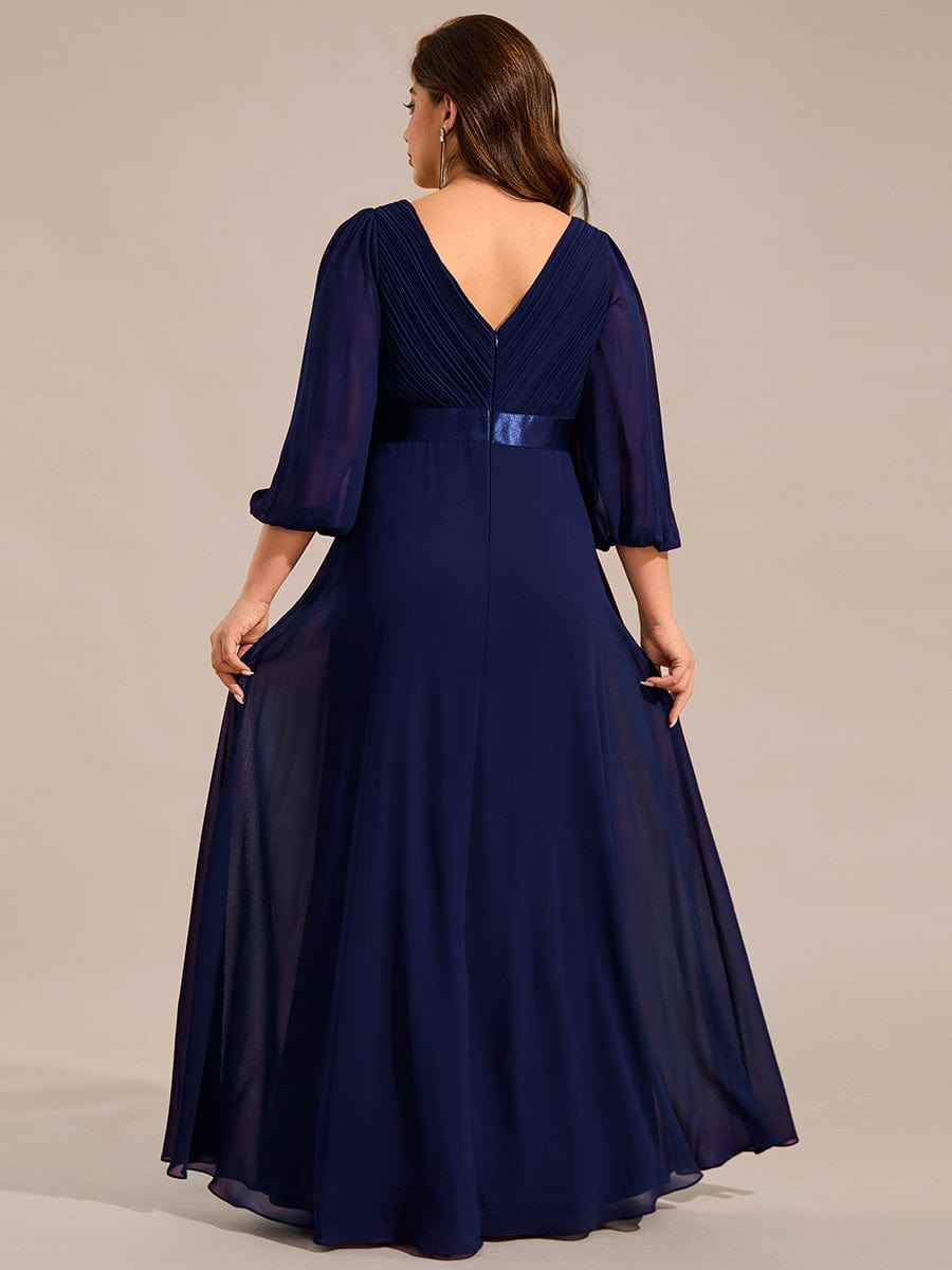 Long Sleeves Chiffon Empire Waist A-Line Maxi Formal Evening Dress #color_Navy Blue