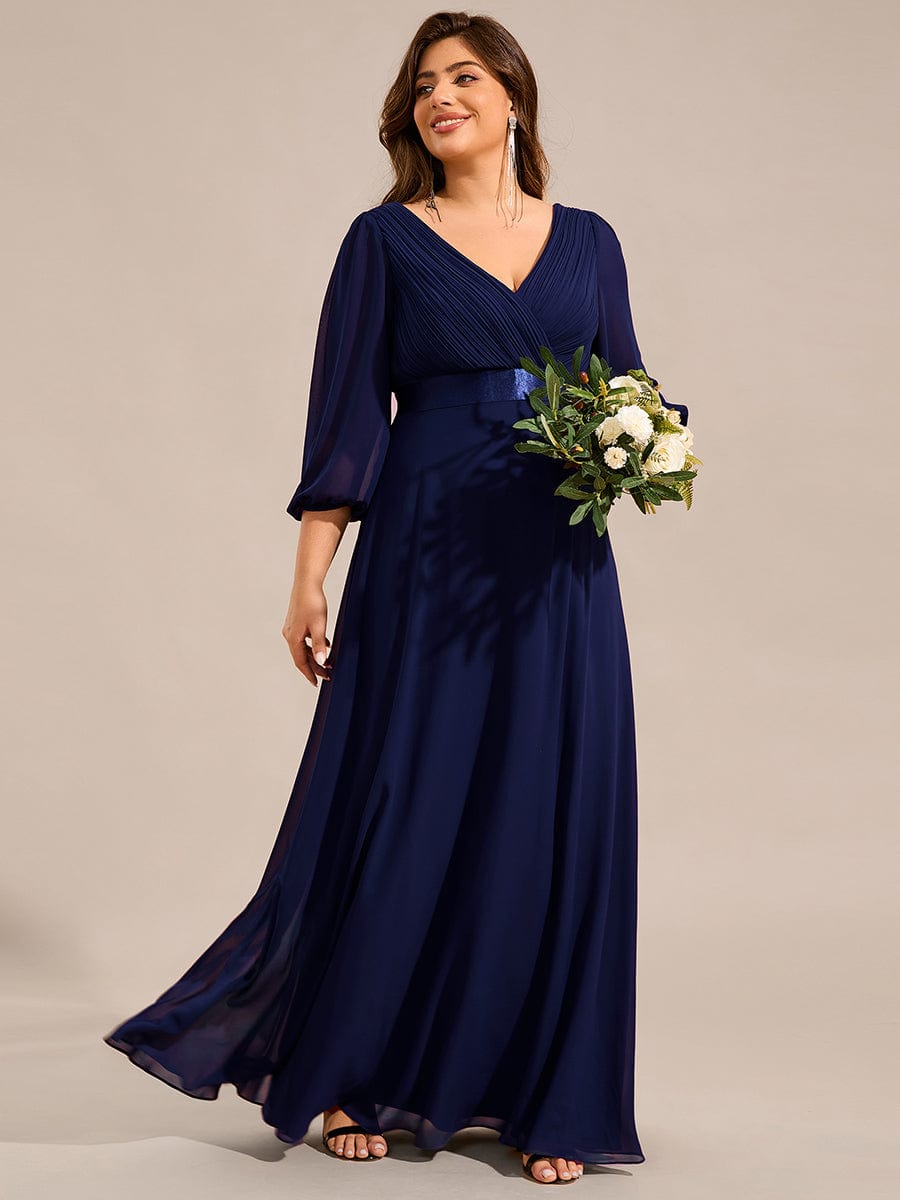 Long Sleeves Chiffon Empire Waist A-Line Maxi Formal Evening Dress #color_Navy Blue