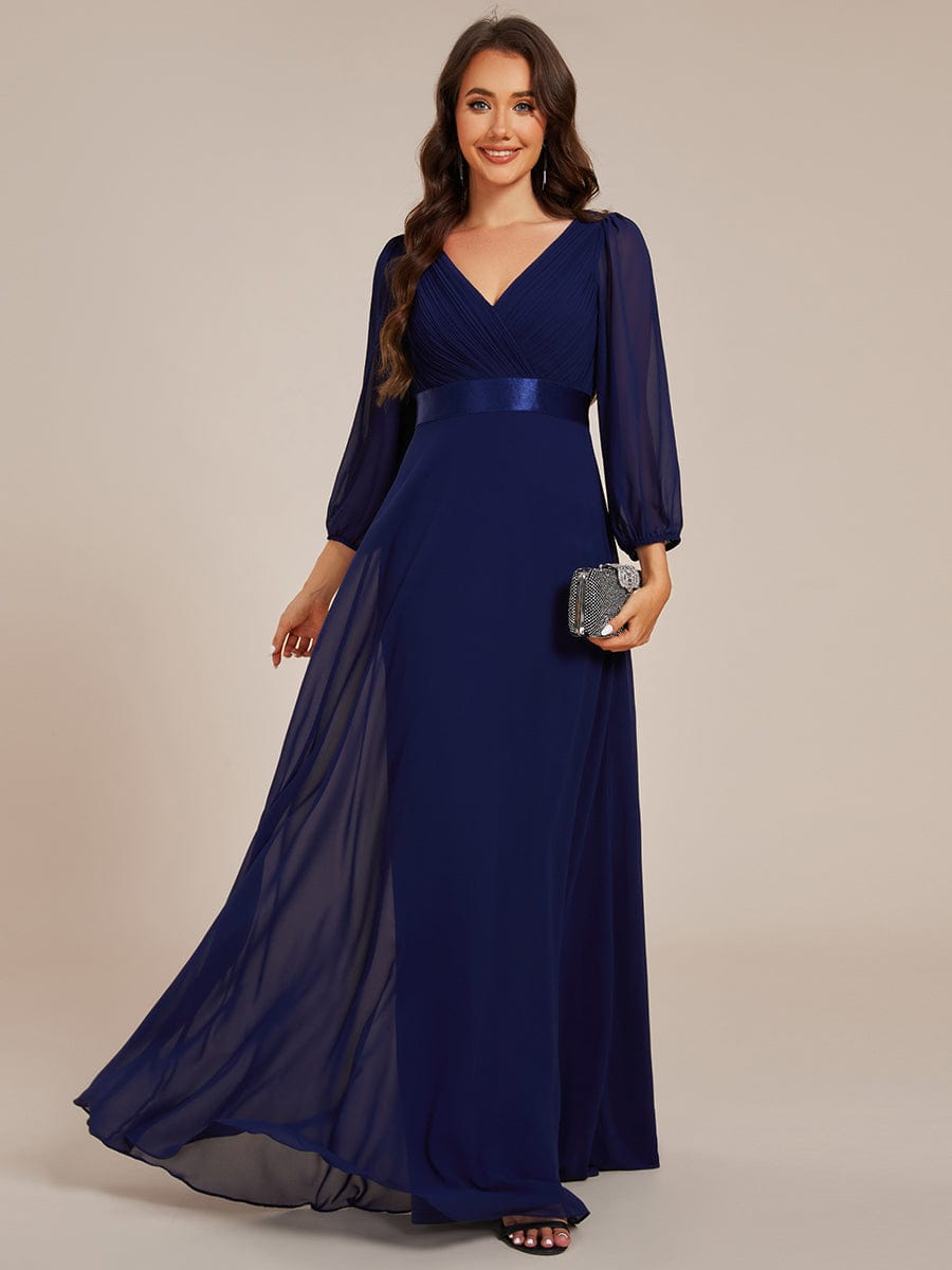 Long Sleeves Chiffon Empire Waist A-Line Maxi Formal Evening Dress #color_Navy Blue