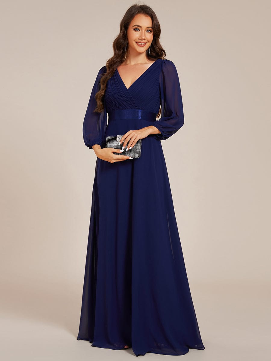 Long Sleeves Chiffon Empire Waist A-Line Maxi Formal Evening Dress #color_Navy Blue