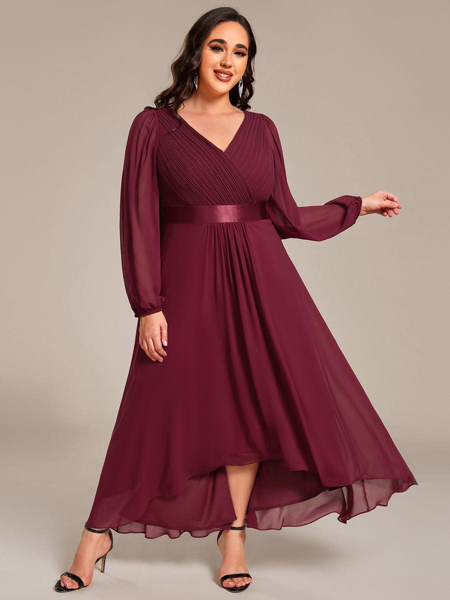 Long Sleeve A Line Chiffon Pleated Asymmetrical Hem Formal Dress #color_Burgundy