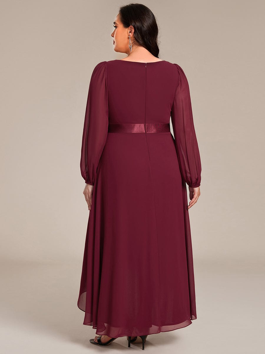 Long Sleeve A Line Chiffon Pleated Asymmetrical Hem Formal Dress #color_Burgundy