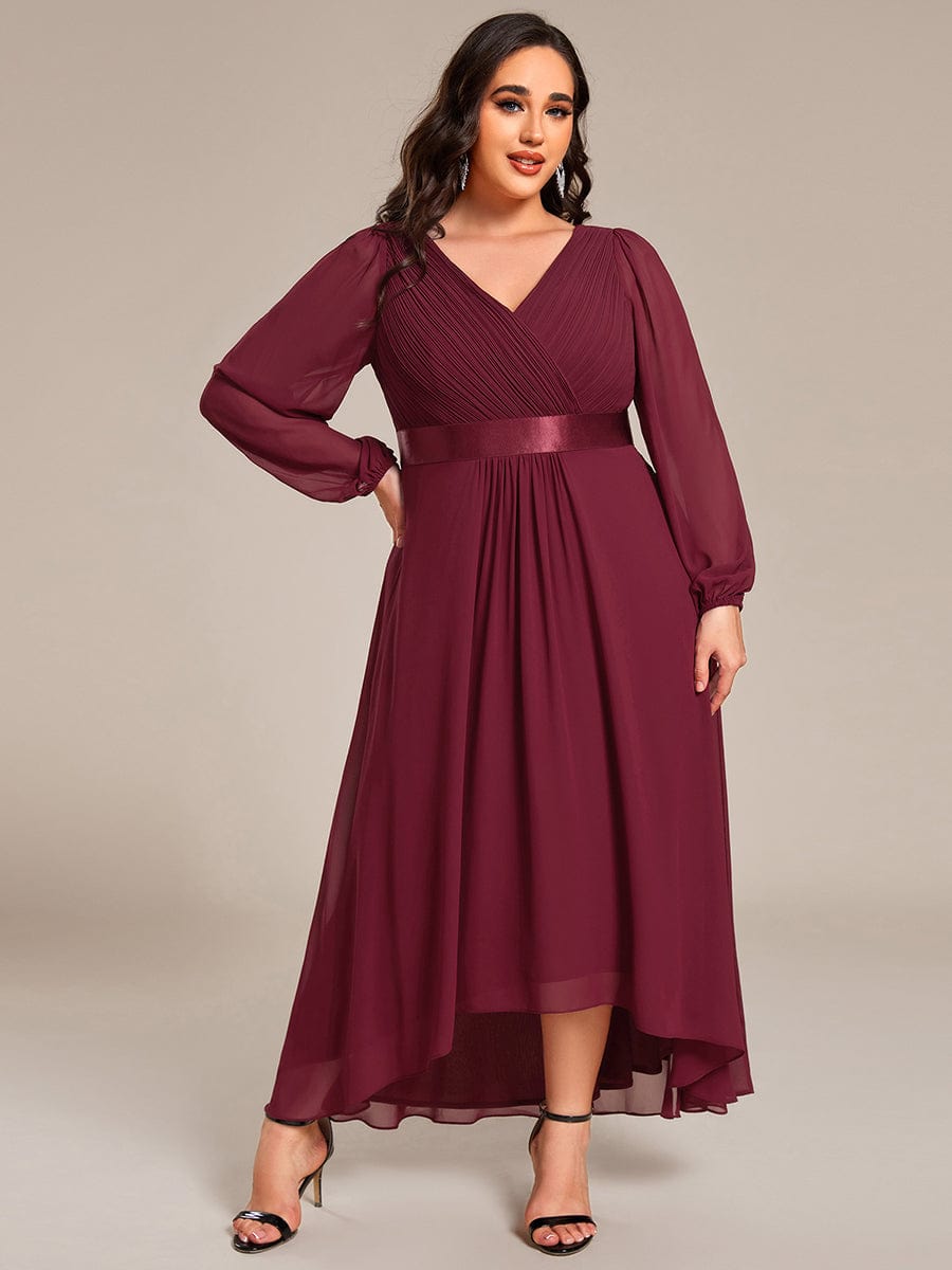 Long Sleeve A Line Chiffon Pleated Asymmetrical Hem Formal Dress #color_Burgundy