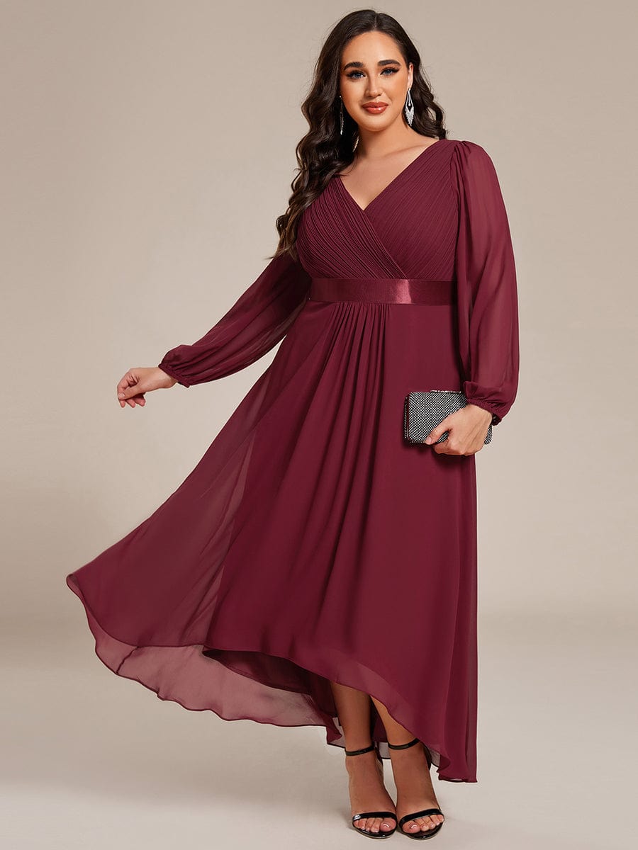 Long Sleeve A Line Chiffon Pleated Asymmetrical Hem Formal Dress #color_Burgundy