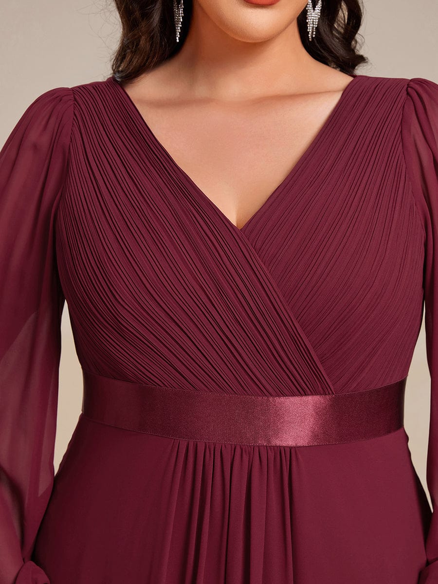 Long Sleeve A Line Chiffon Pleated Asymmetrical Hem Formal Dress #color_Burgundy