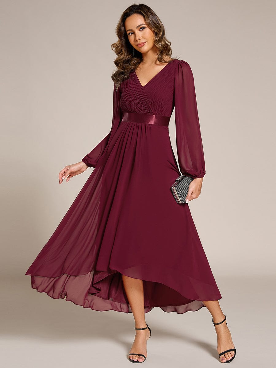 Long Sleeve A Line Chiffon Pleated Asymmetrical Hem Formal Dress #color_Burgundy