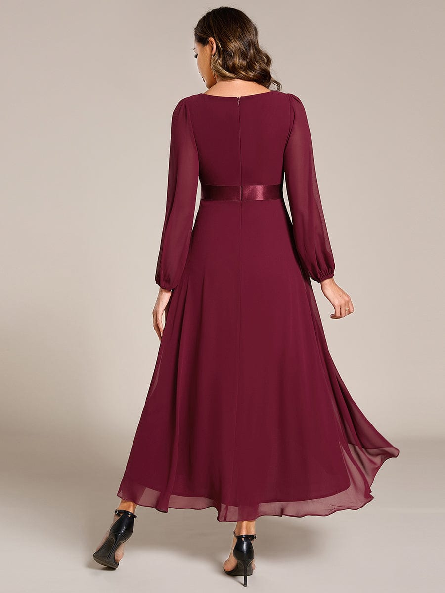 Long Sleeve A Line Chiffon Pleated Asymmetrical Hem Formal Dress #color_Burgundy