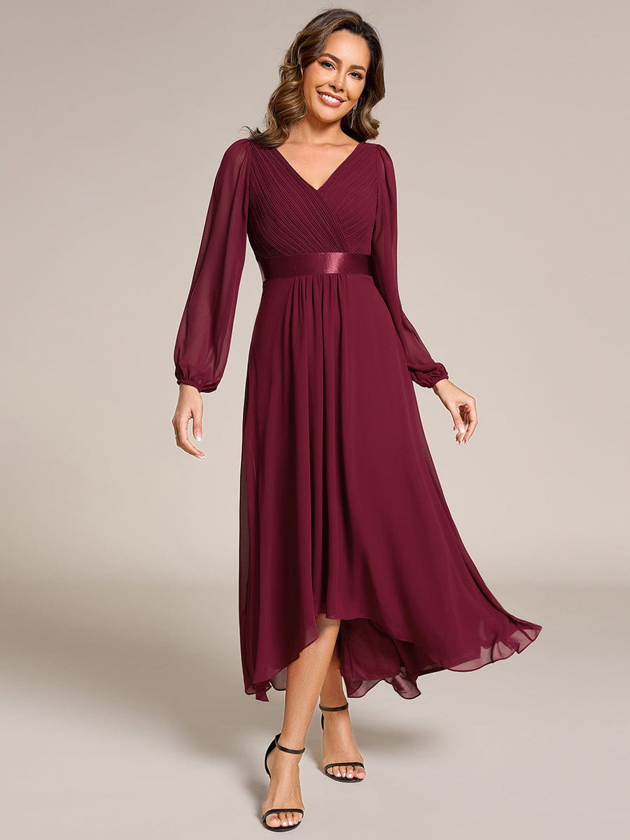 Long Sleeve A Line Chiffon Pleated Asymmetrical Hem Formal Dress #color_Burgundy