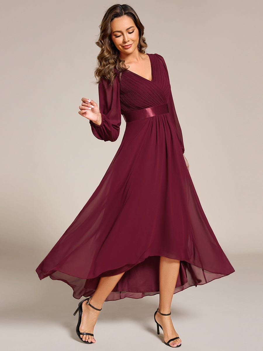 Long Sleeve A Line Chiffon Pleated Asymmetrical Hem Formal Dress #color_Burgundy