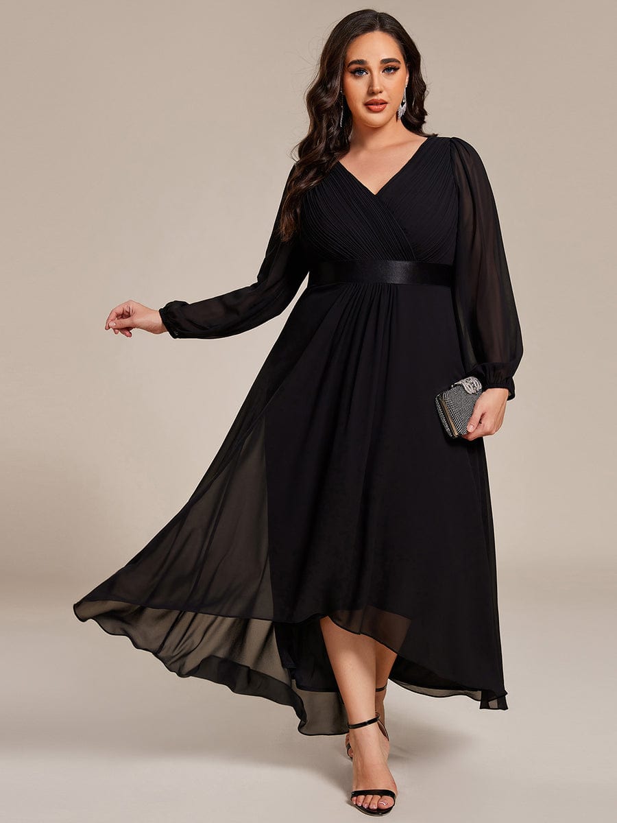 Long Sleeve A Line Chiffon Pleated Asymmetrical Hem Formal Dress #color_Black