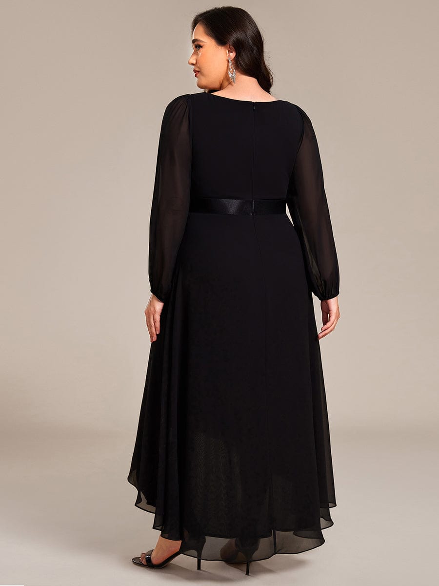 Long Sleeve A Line Chiffon Pleated Asymmetrical Hem Formal Dress #color_Black