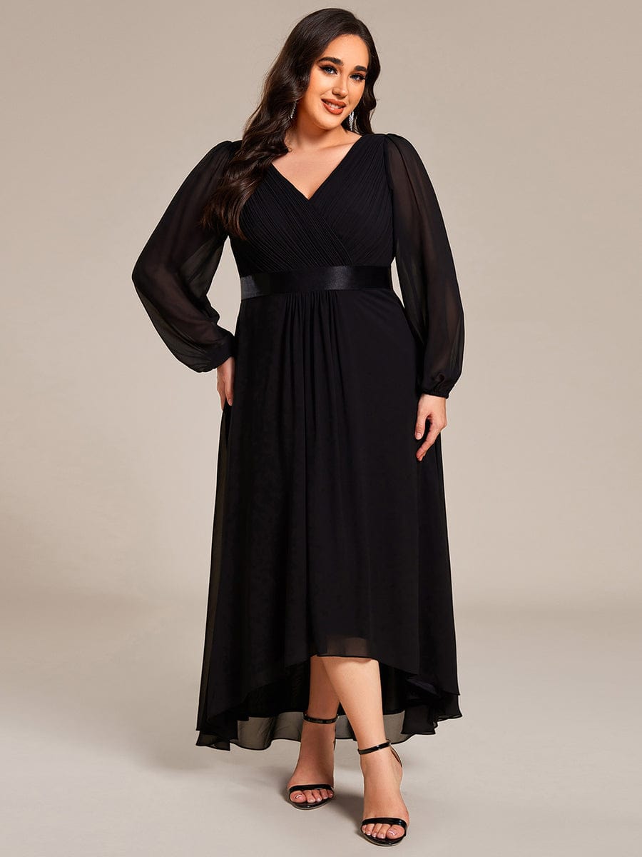 Long Sleeve A Line Chiffon Pleated Asymmetrical Hem Formal Dress #color_Black