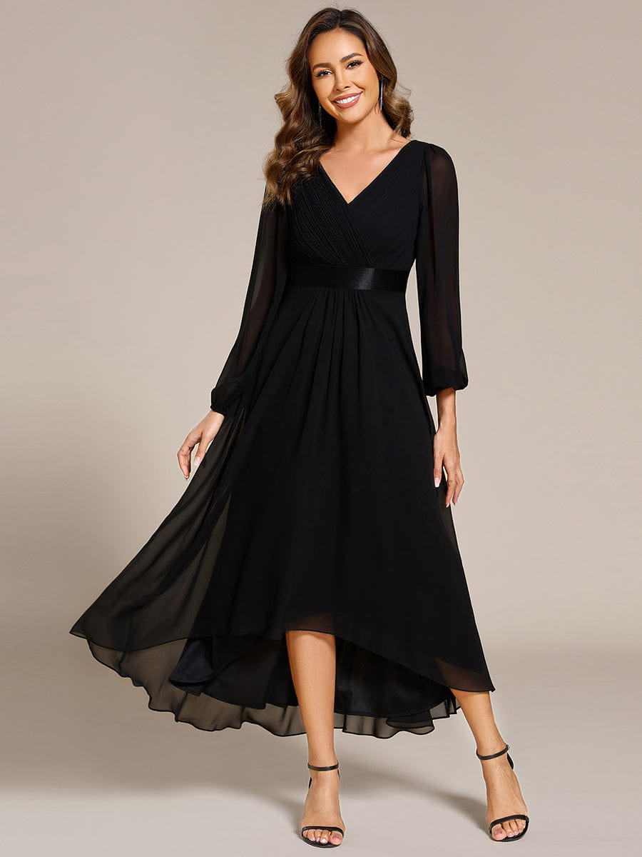 Long Sleeve A Line Chiffon Pleated Asymmetrical Hem Formal Dress #color_Black